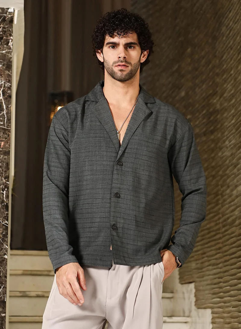 كامبوس سوترا Men's Ash Grey Heathered Cuban Relaxed Shirt For Casual Wear | Cuban Collar | Long Regular Sleeves | Button Closure | Shirt Crafted With Comfort Fit For Everyday Wear